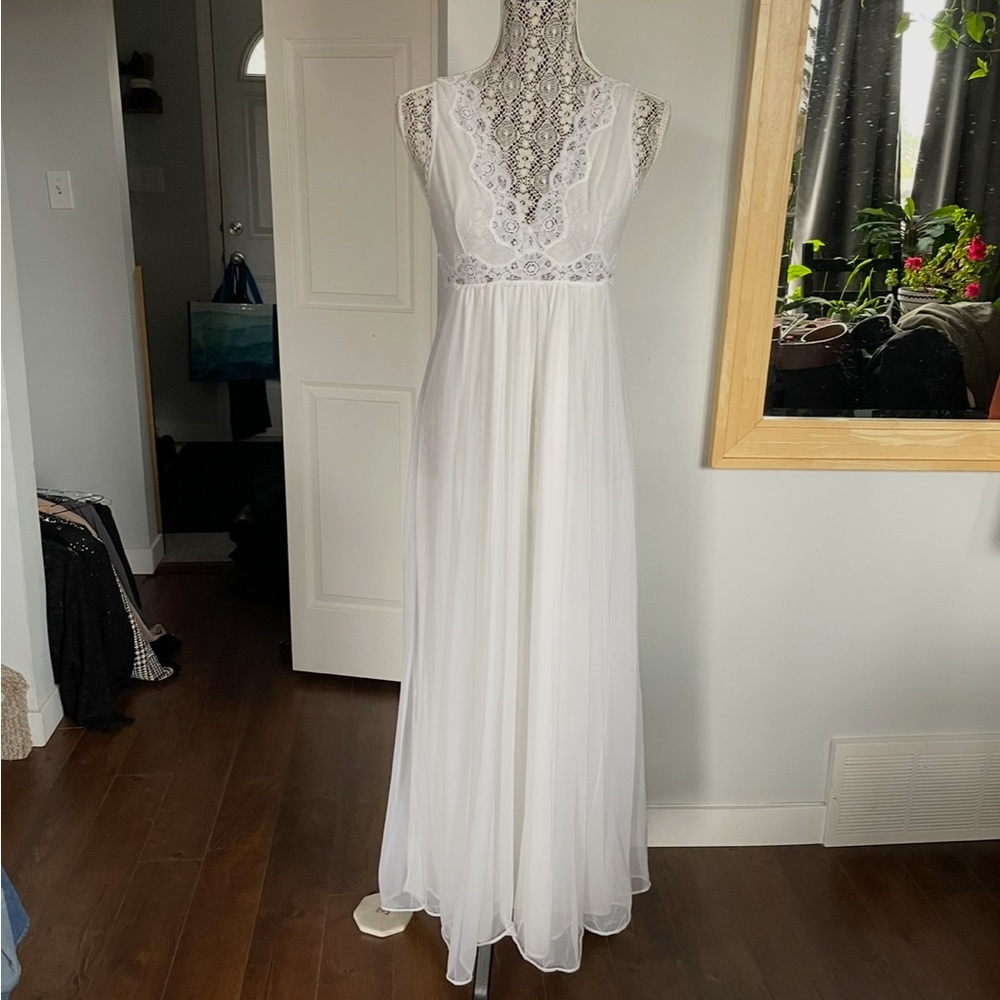 Vintage Chiffon Lace Slip Midi Dress. White. Small.